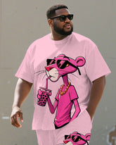 Men's Plus Size Pink Cartoon Animal Drinking Milk Tea Printed Short-sleeved T-shirt Shorts Suit